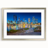 Abstract art print of Perth skyline in muted blue and gray tones on a framed silver mat, suitable for dining room decor.