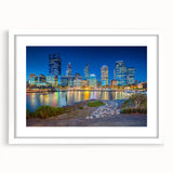 Extra large abstract art print of Perth scenery in muted earth tones on a white framed canvas, ideal for living room decor.