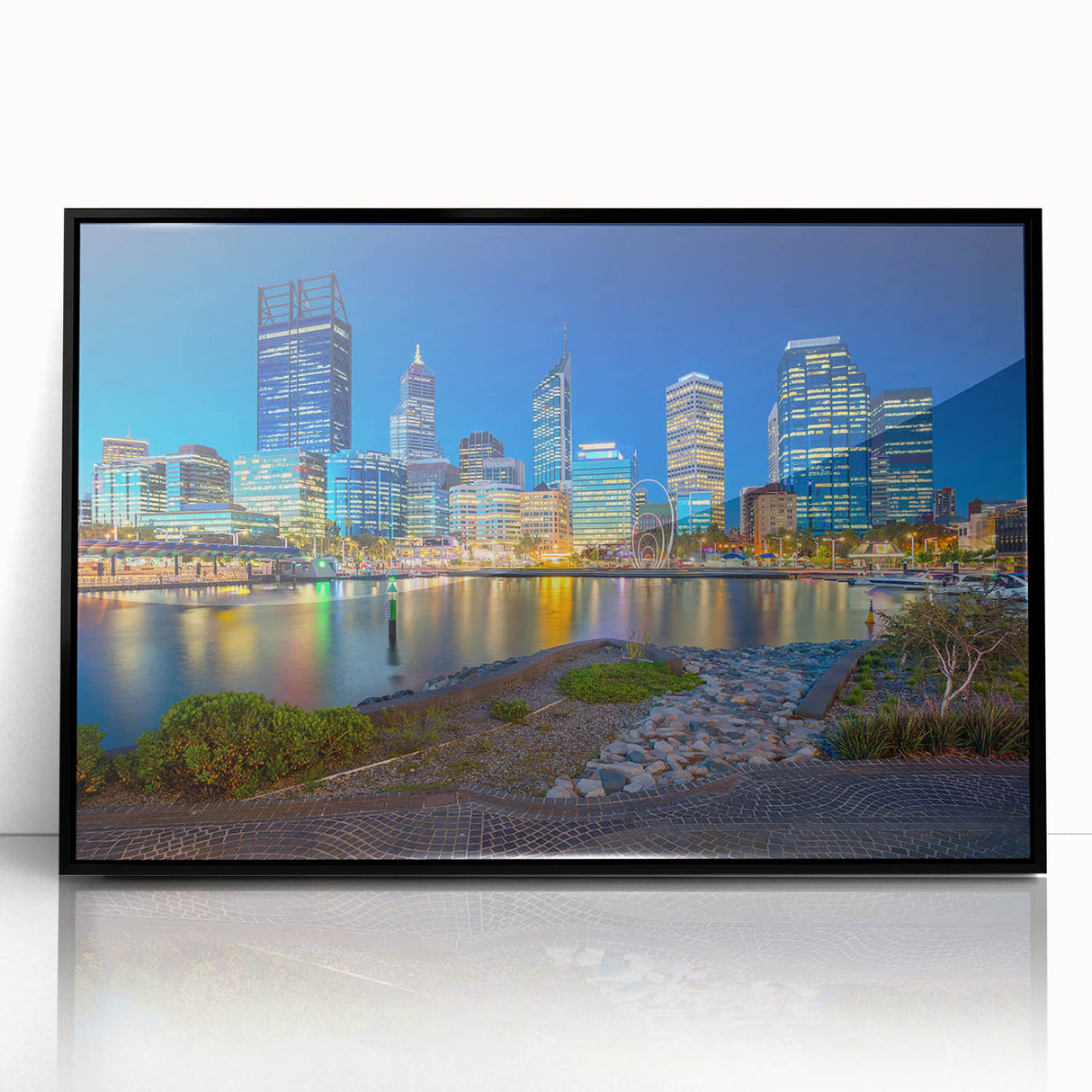 Large abstract wall art depicting the Perth skyline in muted blue and gray tones on a framed acrylic.