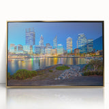 Mid-century modernist art depicting the Perth skyline in muted gold and blue tones on a framed acrylic print.