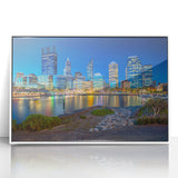 Large art print of Perth, Australia in mid-century modernist style with vibrant colors on white framed acrylic.