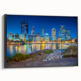 Black and white framed canvas of Perth landscape, ideal for bedroom wall decor.