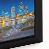 Textured black wall art depicting a colorful Perth skyline on extra large framed canvas, ideal for living room decor.