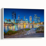 Framed canvas depicting a vintage-style black and white landscape of Perth, Australia, ideal for bedroom wall decor.