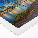 Art deco poster of Perth skyline in muted gold and navy hues on rolled canvas, suitable for dining room decor.