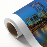 Art deco style poster of Perth skyline, featuring soft pink and blue tones on rolled canvas, ideal for nursery wall art.