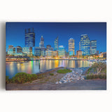 Black and white photograph of Perth skyline on large stretched canvas, ideal for kitchen wall art.