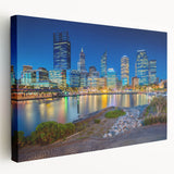 Large canvas print of Perth skyline in muted blue and green tones, ideal for kitchen wall art.