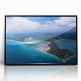 Large abstract wall art featuring a vibrant Queensland scenery in mid-century modernist style, framed in black acrylic.