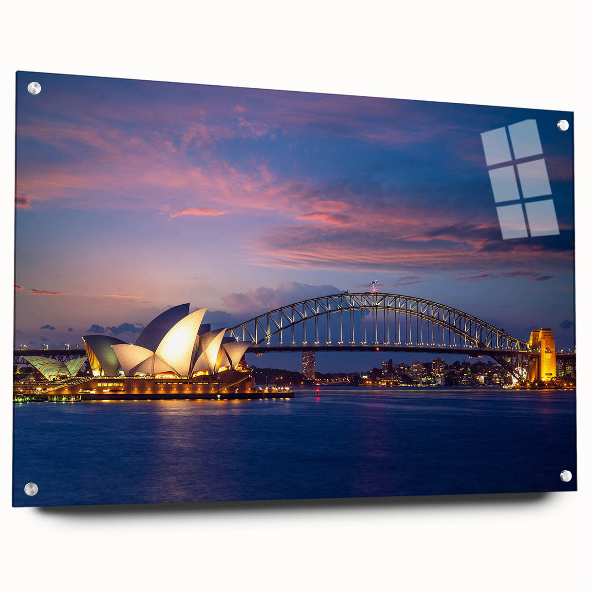 Acrylic print of Sydney skyline in muted blue and gray tones, suitable for dining room or bedroom decor.