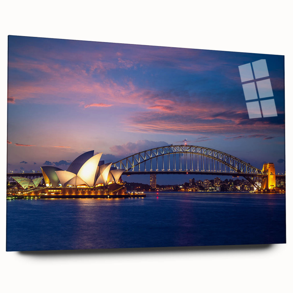 Large abstract depiction of Sydney skyline in muted blue tones on acrylic glass, suitable for bedroom or dining room decor.