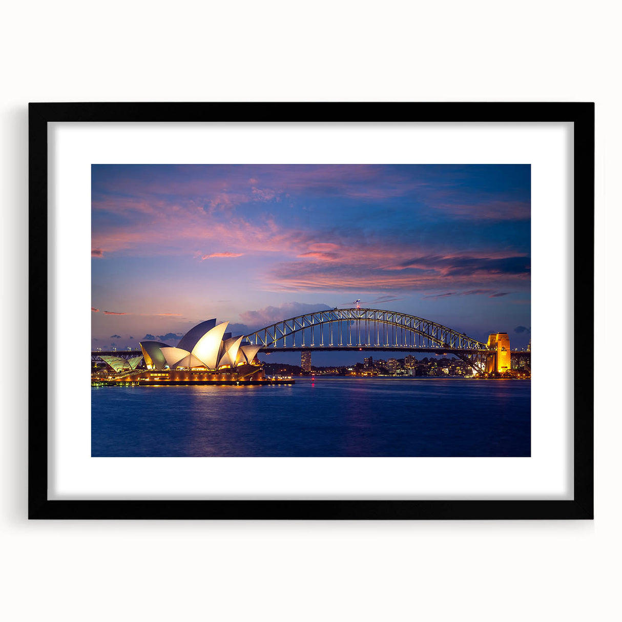 Extra large abstract art print of Sydney scenery in vibrant, colorful hues on a black framed canvas.