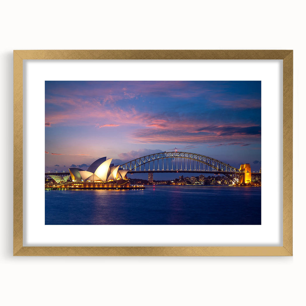 Extra large abstract art print of Sydney scenery in textured style with gold frame, ideal for living room decor.