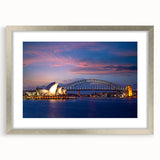 Textured abstract art print of Sydney skyline in muted gray and blue tones on framed canvas, suitable for bedroom art.