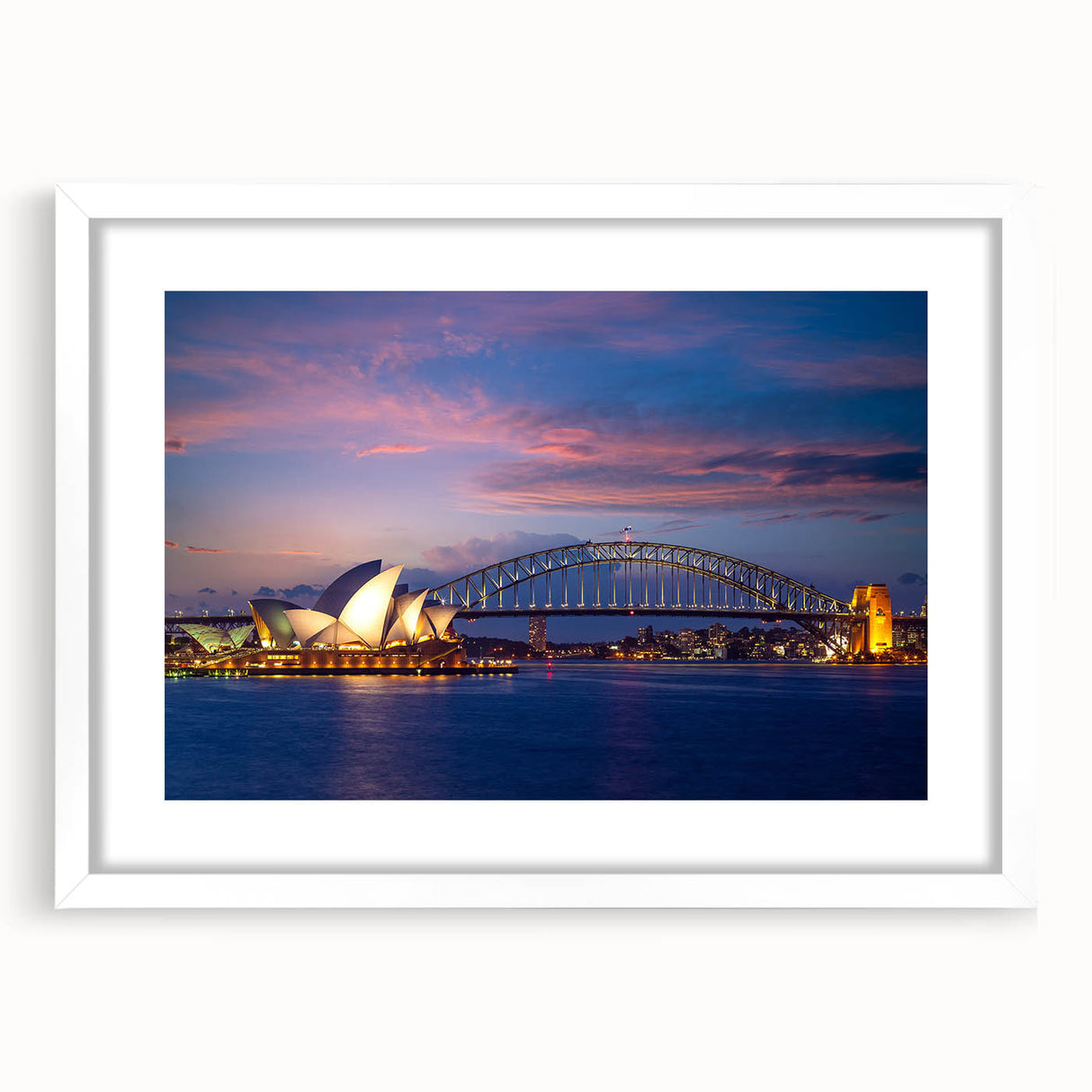 Abstract art print of Sydney skyline in muted blue and gray tones, framed with white mat, ideal for dining room decor.