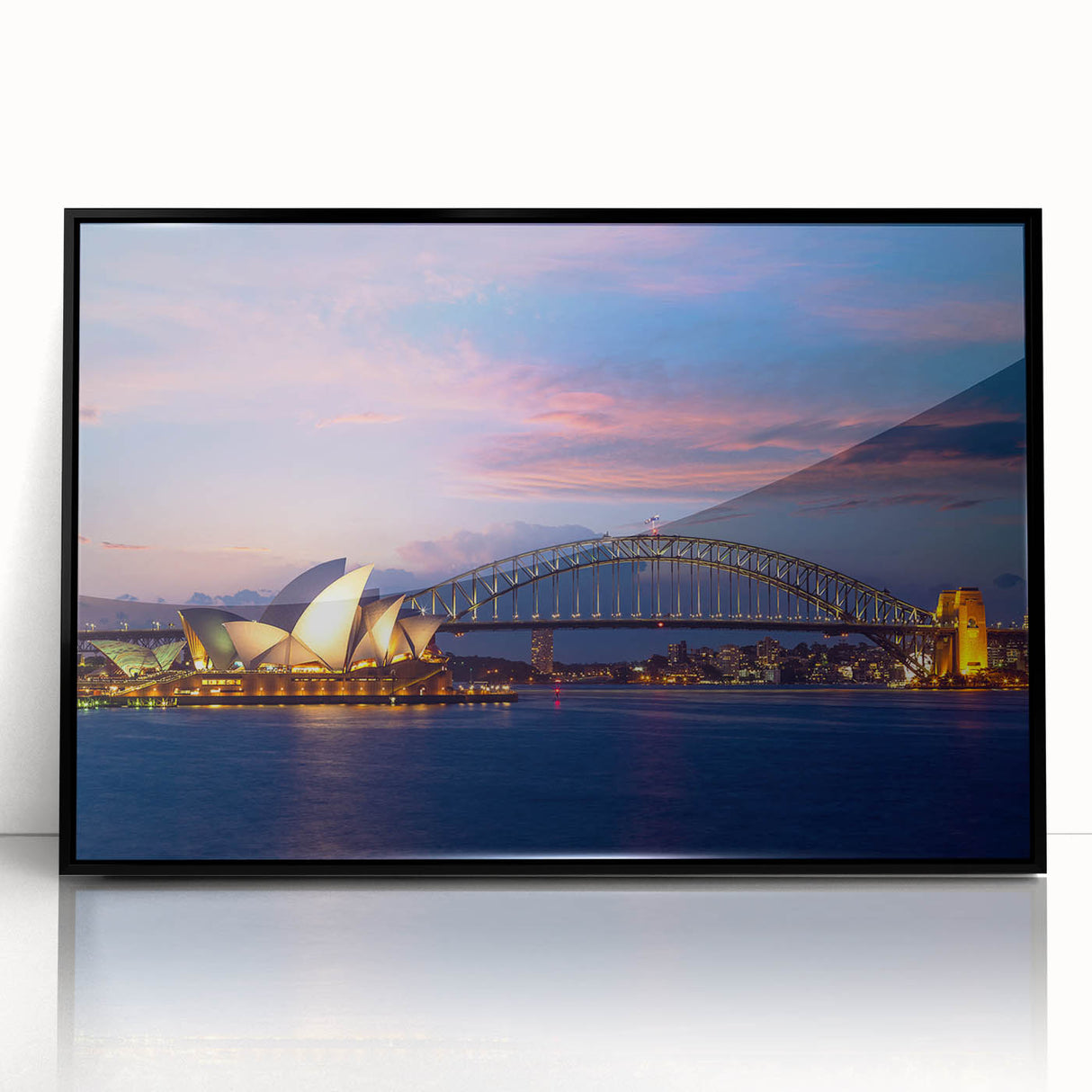 Large abstract wall art of Sydney skyline in muted gray and blue tones on framed acrylic, suitable for modern art wall decor.