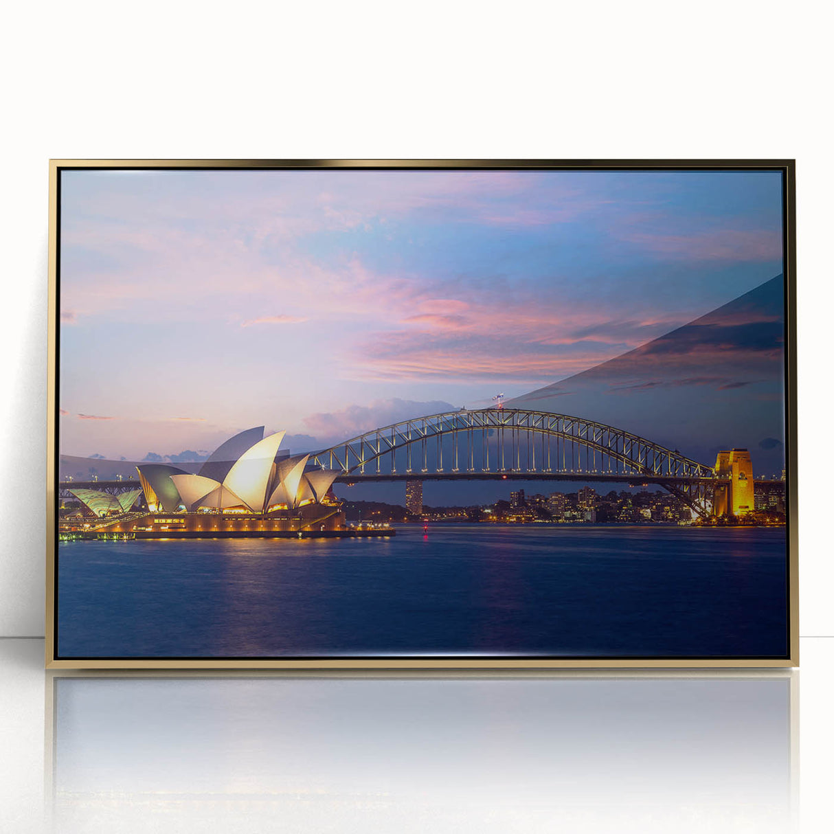 Art deco poster of Sydney skyline in muted gold tones on acrylic, ideal for modern nursery wall art.