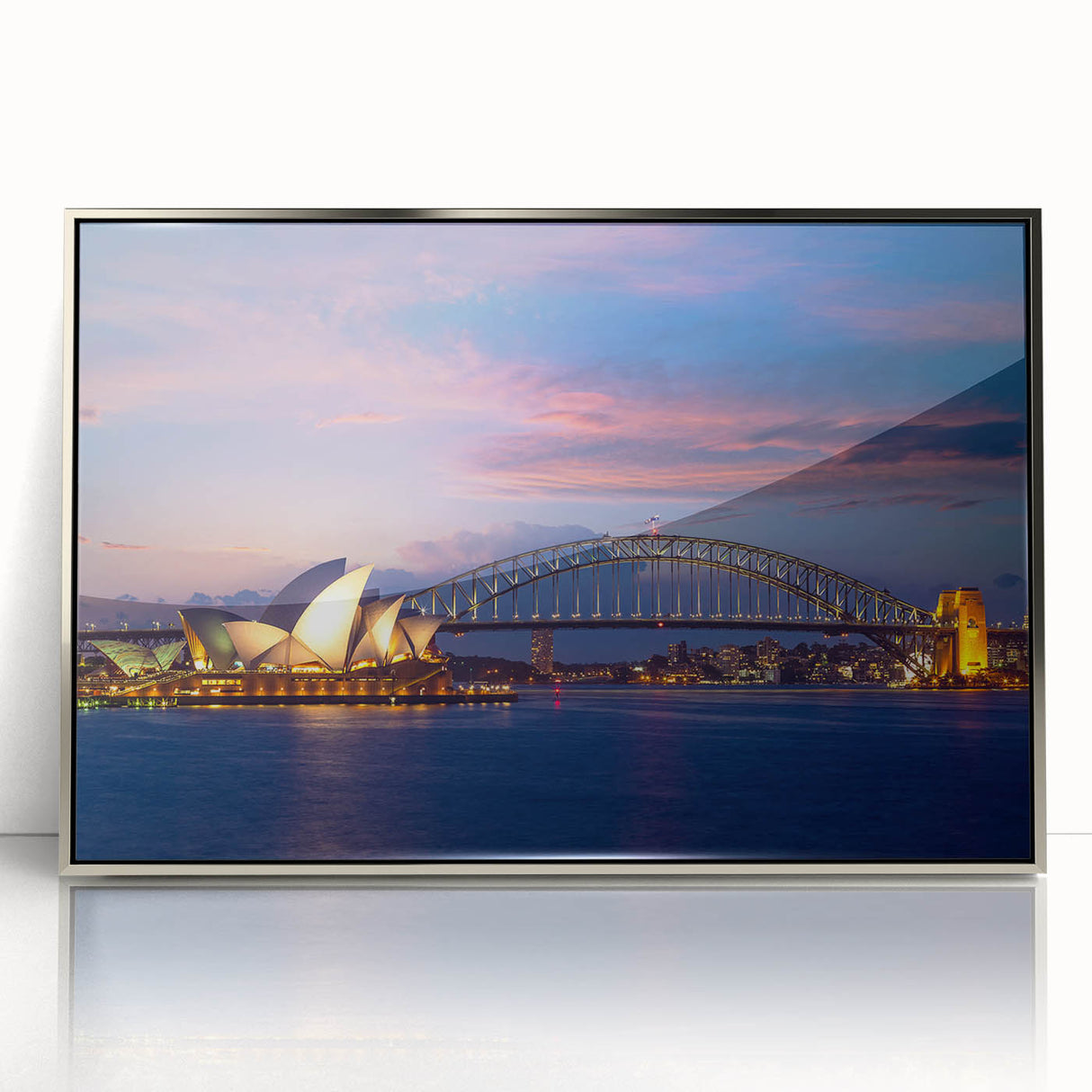Framed acrylic print of Sydney skyline in muted blue and silver tones, suitable for modern art wall decor.