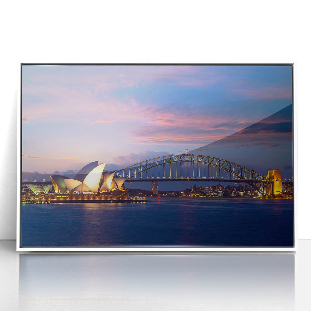 Mid-century modernist art of Sydney skyline in muted blue tones on framed acrylic, ideal for nursery wall art.