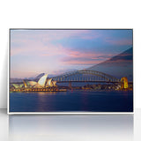 Mid-century modernist art of Sydney skyline in muted blue tones on framed acrylic, ideal for nursery wall art.