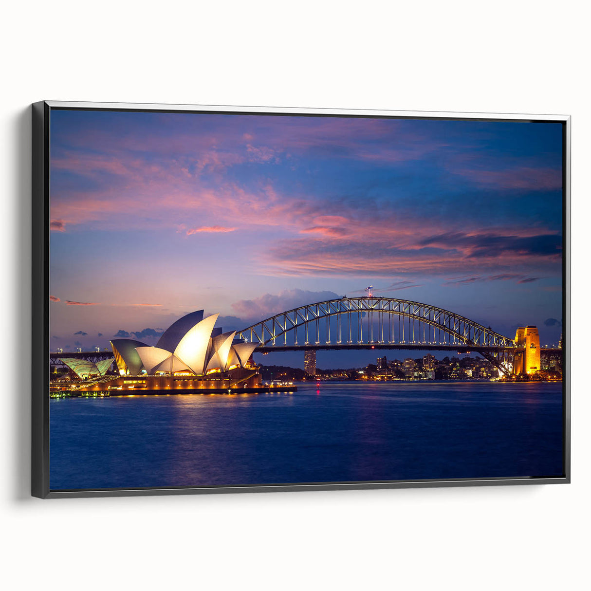 Black and white framed canvas of Sydney landscape, ideal for bedroom wall decor.