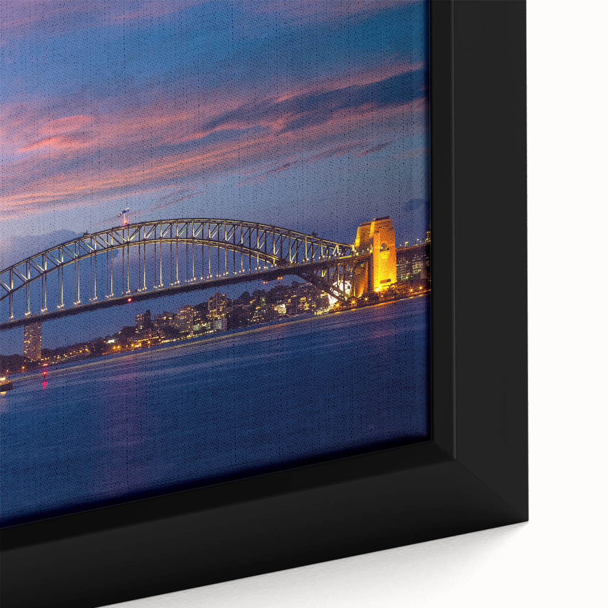 Black wall art featuring a textured close-up of the Sydney skyline on a framed canvas, with vibrant color accents.