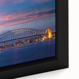 Black wall art featuring a textured close-up of the Sydney skyline on a framed canvas, with vibrant color accents.
