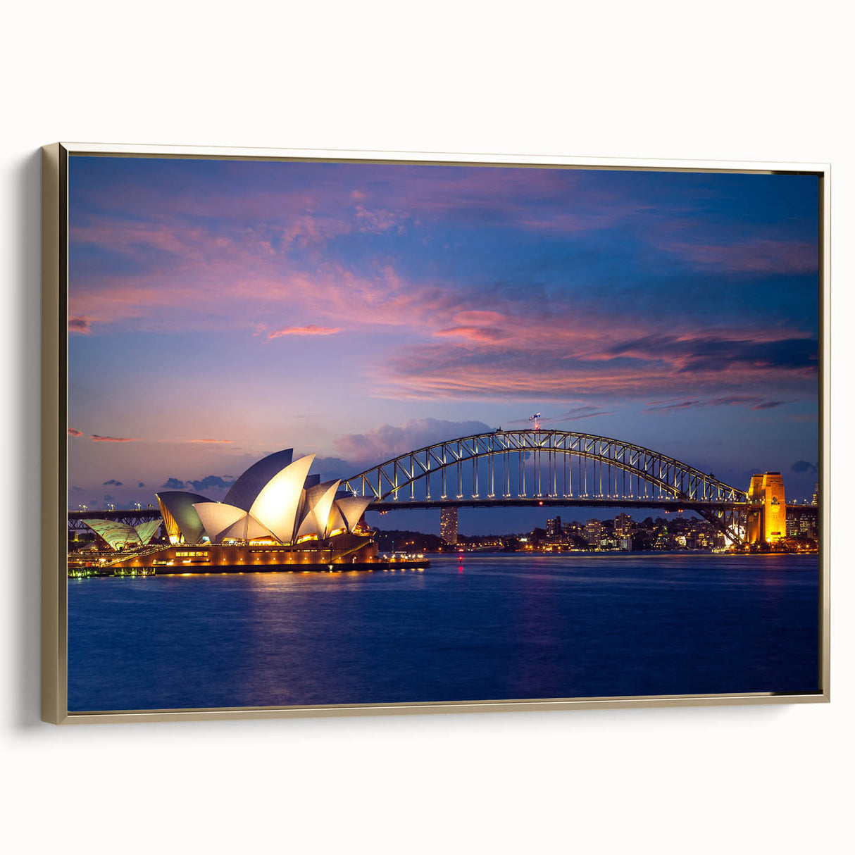 Framed canvas wall art depicting the Sydney skyline in muted gold tones, suitable for bedroom decor.