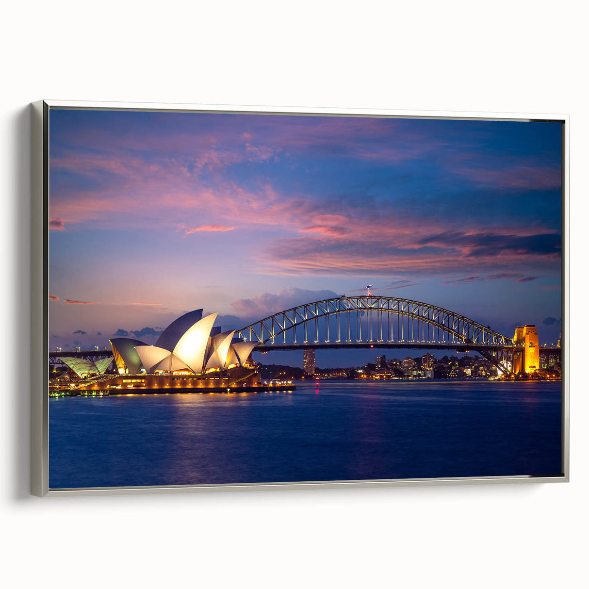 Framed canvas landscape art painting of Sydney skyline, featuring colorful art with black accents.