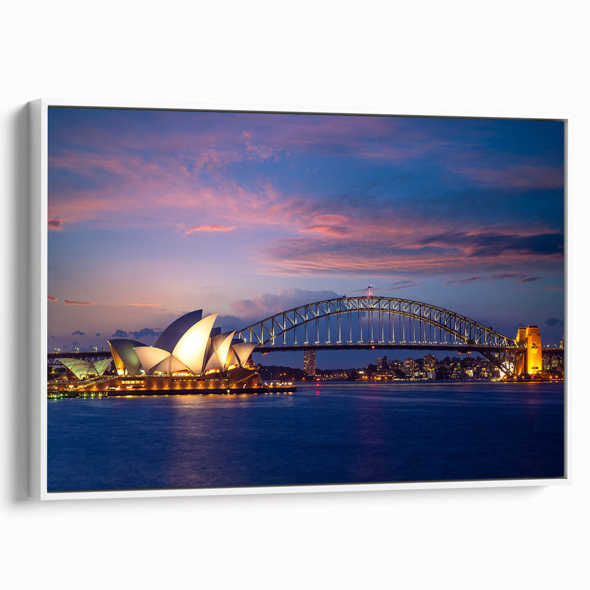 Vintage poster art of Sydney skyline in colorful hues on a large framed canvas, ideal for living room decor.