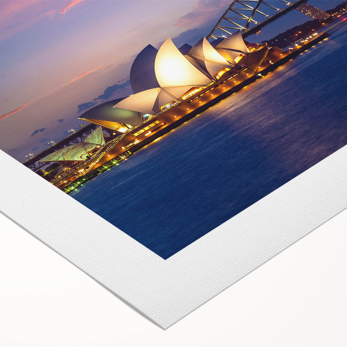 Art deco poster of Sydney skyline in muted blue and gray tones on rolled canvas, suitable for dining room wall art.