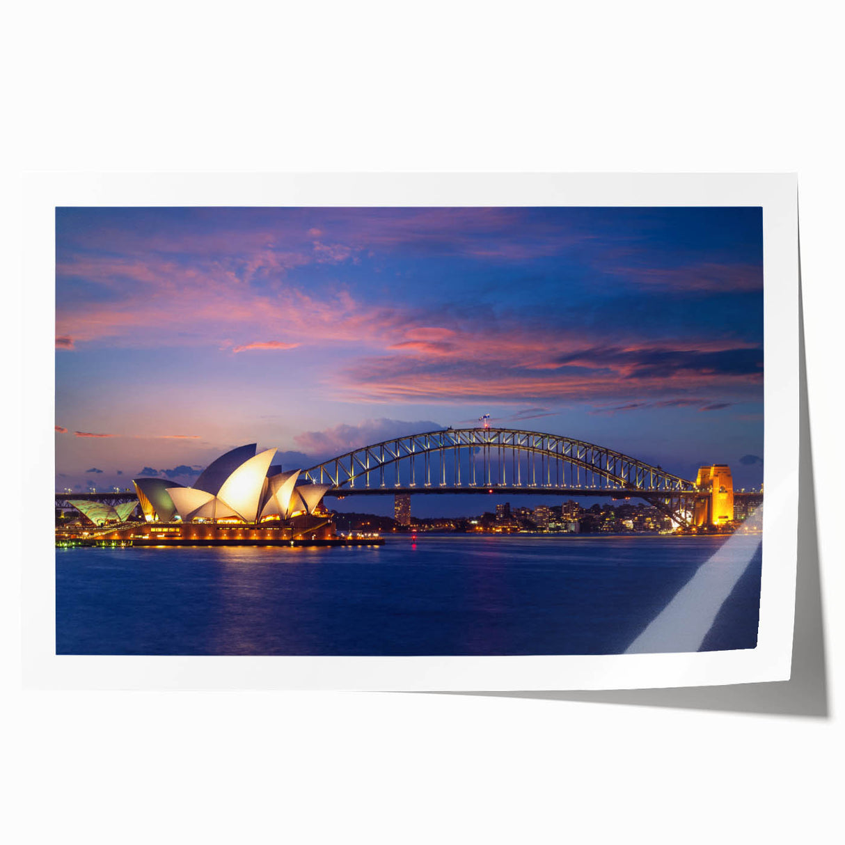 A panoramic Sydney skyline in muted blue and gray tones on a rolled canvas, suitable for dining room wall art.