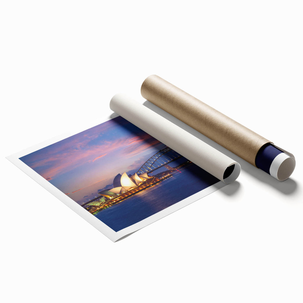 Extra large rolled print depicting Sydney scenery with floral elements, in muted watercolor tones.