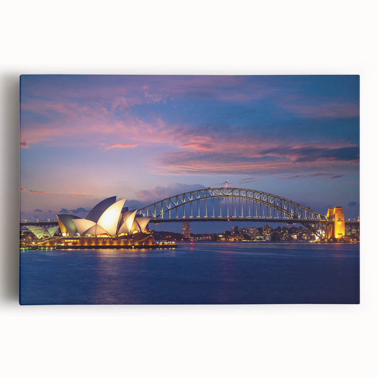 Black and white stretched canvas of Sydney skyline, ideal for kitchen wall art or bedroom ambiance.