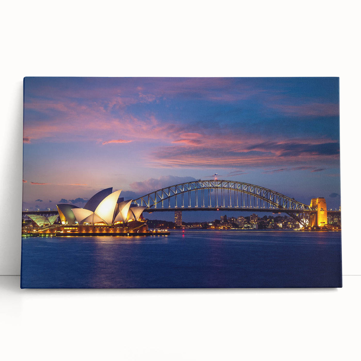 Black and white stretched canvas featuring the Sydney skyline, ideal for kitchen wall art.