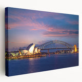 Sydney skyline on a large stretched canvas with muted blue and gray tones, suitable for kitchen wall art.