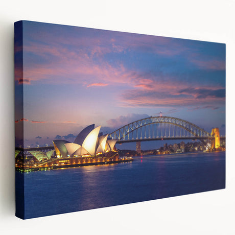 Sydney skyline on a large stretched canvas with muted blue and gray tones, suitable for kitchen wall art.