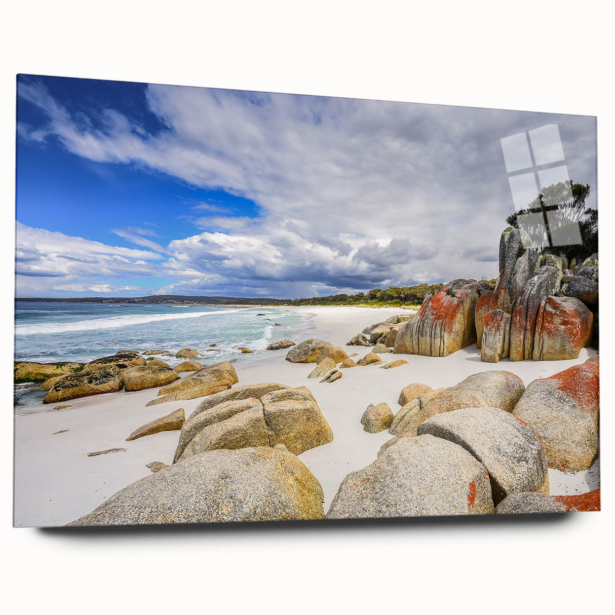 Large abstract wall art depicting a serene Tasmanian landscape in muted earth tones, printed on acrylic glass.