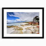 Extra large abstract art print depicting a colorful, textured Tasmanian landscape on a framed black mat.