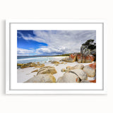 Textured art print of an abstract Tasmanian landscape in muted earth tones, framed in white, ideal for bedroom art.