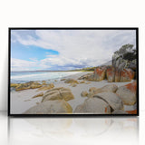 Large abstract wall art depicting a Tasmanian landscape in muted earth tones on a framed acrylic.