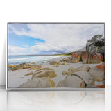 Mid-century modernist art depicting Tasmania scenery in acrylic on framed white canvas.