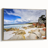 Framed canvas featuring a vintage-style Tasmanian landscape in muted gold and black tones, ideal for bedroom wall art.