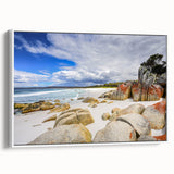 Vintage poster art of Tasmania scenery on framed canvas, with vibrant colors, ideal for living room decor.