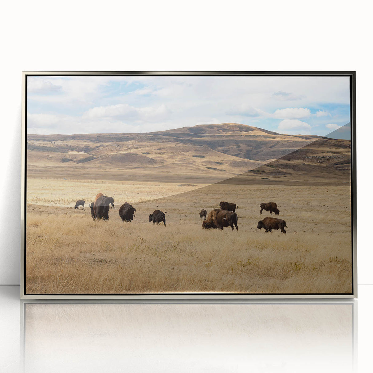 Mid-century modernist art depicting Alberta, Canada scenery in muted earth tones on a framed acrylic panel.
