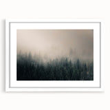 Abstract art print of British Columbia scenery in muted earth tones, framed with a white mat, suitable for dining room decor.
