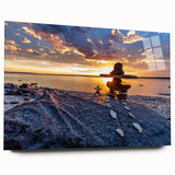 Large abstract wall art depicting a serene Manitoba landscape, rendered in cool blue and green tones on acrylic glass.