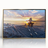 Mid-century modernist style large art print of Manitoba scenery in muted gold and blue tones, acrylic framed.