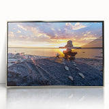 Mid-century modernist art depicting a serene Manitoba scenery in soft pastel hues, framed in silver acrylic.