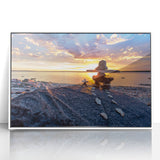 Acrylic print of a serene Manitoba landscape in muted greens and blues, framed in white.